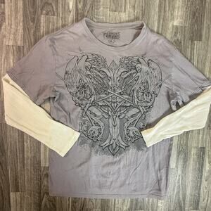 MMA Elite Graphic Cross Layered Long Sleeve Shirt Gray Beige L Gothic Angels